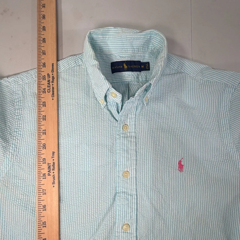 Polo Ralph Lauren Short-sleeve Blue White Seersucker Button Up Pink Pony Shirt M